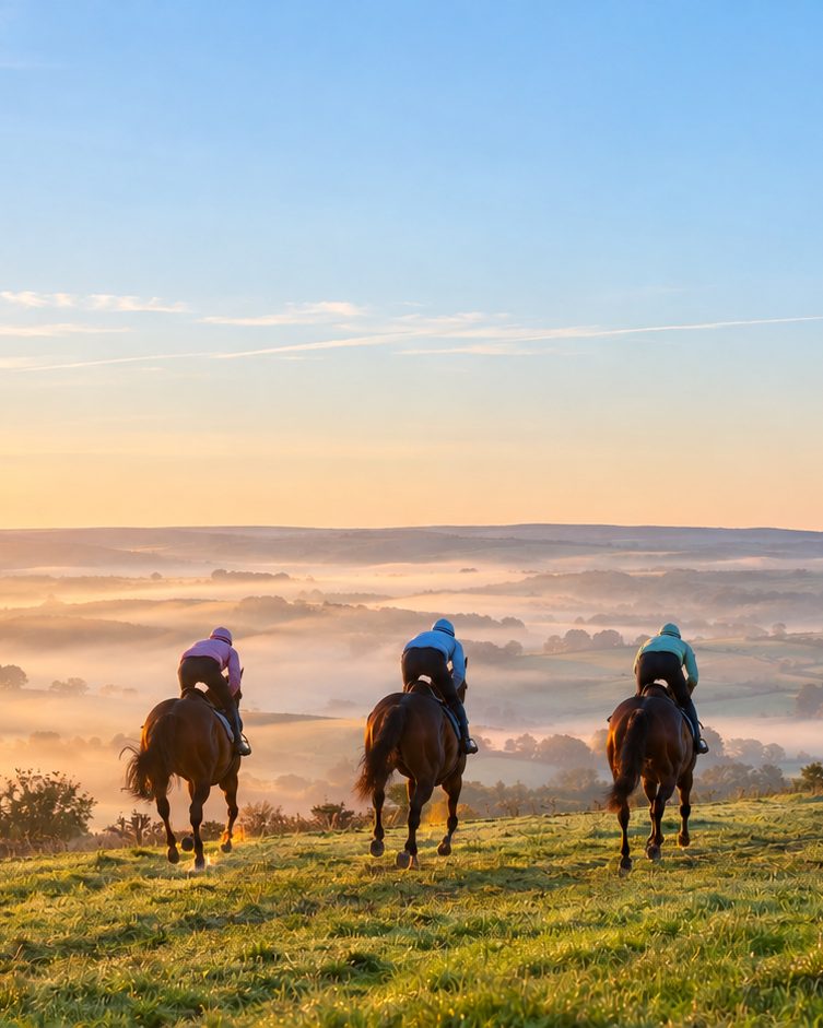 Three riders in plain pastel jackets galloping away from us up an open hillside at dawn, mist lying in the valleys below (AI-generated illustration)